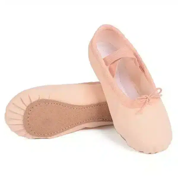 Brown ballet shoe side view with flexible canvas fabric and split sole