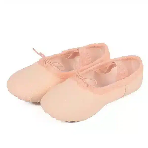 Brown canvas ballet shoe top view with elastic drawstring