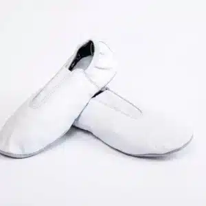 leather gymnastic shoes with suede or rubber grip sole in white, black, pink, and sky blue
