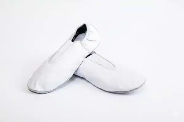 leather gymnastic shoes with suede or rubber grip sole in white, black, pink, and sky blue