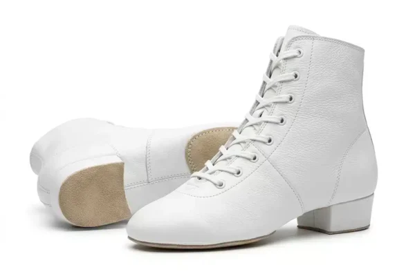 Lace-up jazz boots with genuine leather upper and suede split sole in black, white, and tan