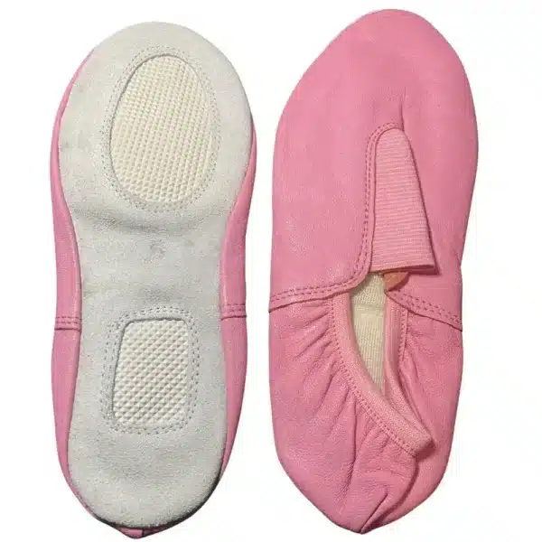Pair of soft pink leather gymnastics shoes for women and girls, side view showing flexible soles.