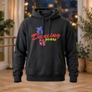 Dancing gears charcoal grey hoodie ghost mannequin showcase in aesthetic ballet dance studio scenery with wooden floor and city lights bokeh background - hoodie category banner 600x900 no models