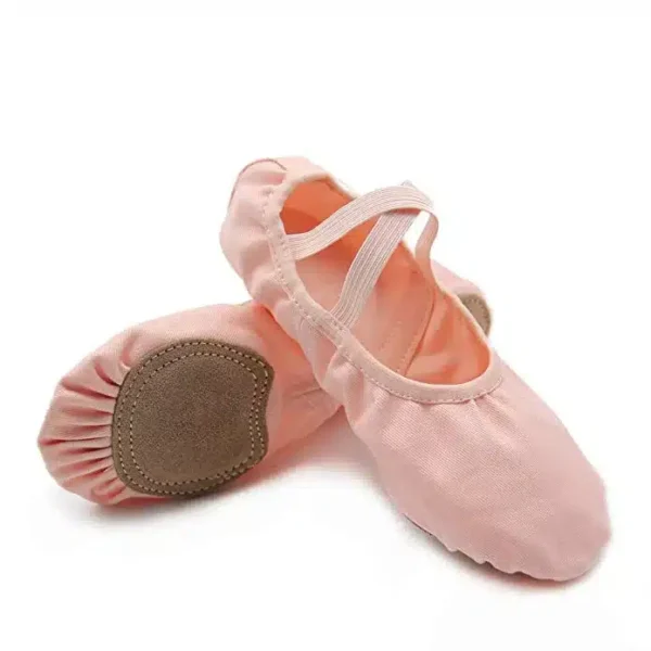 Brown canvas ballet shoe with suede sole and elastic strap