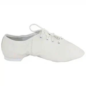 White jazz shoe side view with split sole and lace design