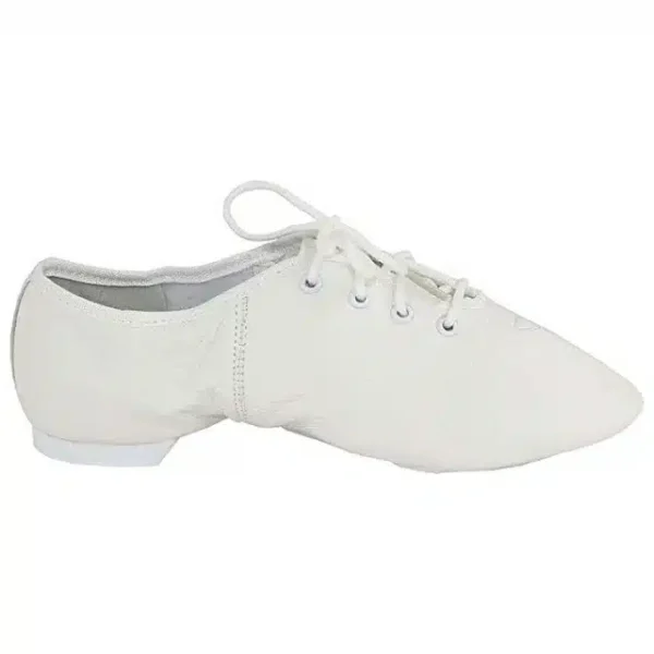 White jazz shoe side view with split sole and lace design