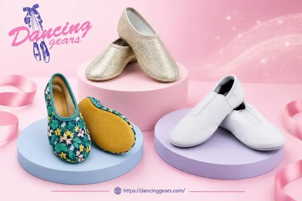 Dancing Gears ballet dance shoes collection – floral print, gold glitter and white leather slip-on dance flats on pastel podiums – dancinggears.com