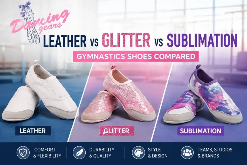 Leather, glitter, and sublimation gymnastics shoes compared side by side, highlighting comfort, durability, style, customization, and branding options by Dancing Gears.